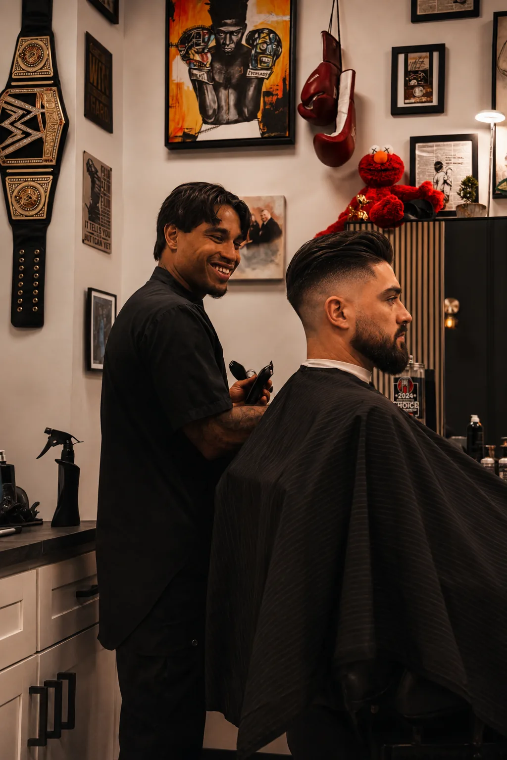Michael Sebahie cutting a client's hair at The Barber Suite in Paramus, NJ